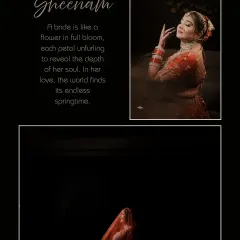 A dramatic and artistic bridal portrait. We use low-key lighting to create a moody, painterly effect, highlighting the bride's features and her stunning red lehenga.