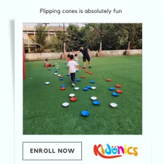 One of our most popular party games is 'Flipping Cones'! It's a fast-paced, high-energy drill where kids race to flip as many cones as they can. This simple game is amazing for developing speed and reflexes, and it always ends with tons of laughter.
