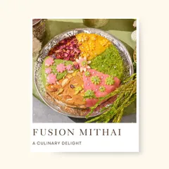 This is my fusion mithai, a culinary delight that looks as good as it tastes. This platter features a colorful assortment of different sweets, decorated with edible flowers, creating a beautiful mosaic of flavors.