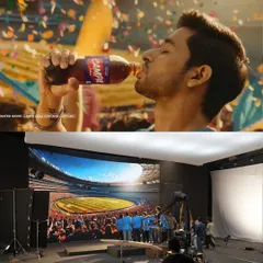 We created the energy of a packed cricket stadium for a Campa commercial, all within our virtual production studio. The top image shows the final shot, while the bottom reveals the LED wall setup that made it possible, saving time and logistical challenges.