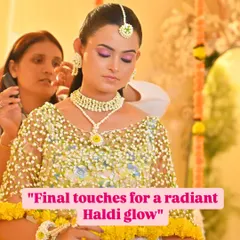 Final touches for a radiant Haldi glow. Here I am making sure every detail is perfect for this bride's fresh and dewy look, designed to complement her floral jewelry.
