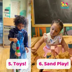 A split view of our most loved play areas. On the left, a child develops fine motor skills with stacking toys, while on the right, another enjoys the freedom of sand play.