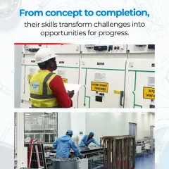 From concept to completion, our engineers transform challenges into opportunities for progress. Here, a technician inspects an electrical panel, while another team assembles components, showcasing the hands-on work that brings our projects to life.