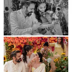 A collage showing the emotional and supportive moments between Nikki and her family during her haldi. From a sister's hug to a cousin's help, it shows that family is always there.