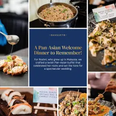 For a bride who grew up in Malaysia, we crafted this lavish Pan-Asian welcome dinner. The buffet featured dishes like Hoisin glazed shiitake bao and water chestnut potstickers to celebrate her roots.