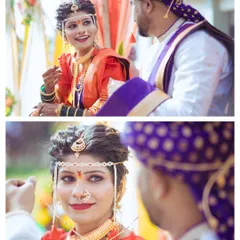 The playful glances and smiles exchanged between the bride and groom during their Maharashtrian wedding ceremony. These are the candid moments that truly tell the story of their day.