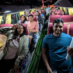 The full bus of excited trekkers, ready to leave Bangalore for a weekend of adventure.