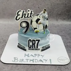 A cake for a Cristiano Ronaldo fan. This CR7-themed cake features the football star, a soccer ball, and his iconic number for a 9th birthday.