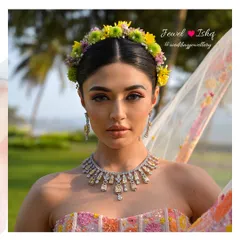 Your Mehendi look should be fun and vibrant. Here, I paired a modern diamond and yellow topaz necklace with a colourful, floral-themed outfit. It's a fresh, contemporary take on pre-wedding jewellery that is both chic and playful.