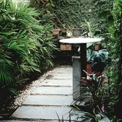 The outdoor green area at our own studio serves as an open break-out zone. This lush space, with its stone pathway and vertical garden, brings a lot of positivity.