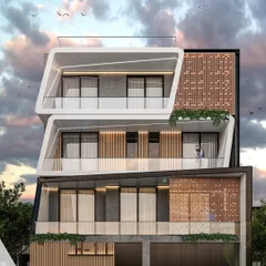 A futuristic façade concept for a residence in Vikaspuri. The design features bold, angular frames, rhythmic vertical elements, and a terracotta jaali screen, blending modern geometry with a touch of traditional Indian craftsmanship.