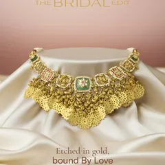Etched in gold, bound by love. This modern choker from our Bridal Edit features delicate golden tassels and soft pastel stones, handcrafted in 22kt gold for contemporary bridal poise.
