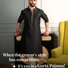When the groom's style has competition, it's you in my Kurta Pajama. This classic black silk kurta with subtle neckline embroidery is designed to make you own the occasion.