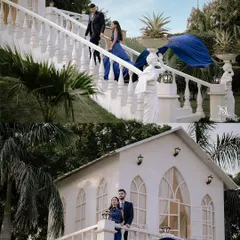 This collage shows how a flowing gown can be used to create dramatic lines and movement in different settings, from a grand staircase to a balcony.