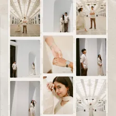 A beautiful collage from a pre-wedding shoot in a modern, minimalist white location. The clean architecture provides a stunning canvas for their love story.