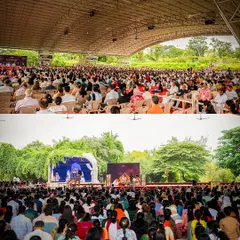 A collage showing the large gathering for the Rudra Puja led by Gurudev. It's a soulful start to the week, filling the atmosphere with positivity and grace.