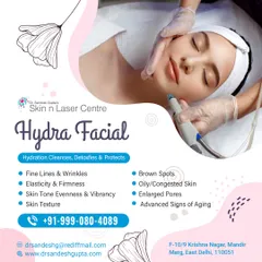 This graphic showcases the benefits of a Hydra Facial, which cleanses, detoxifies, and protects the skin. It is effective for fine lines, wrinkles, oily skin, brown spots, and enlarged pores.