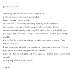 A poem titled 'Jamia in June rains', which captures a specific moment and feeling in a part of Delhi. It weaves together observations of the sky, a lover's smile, and the concept of 'pink noise' to create a tender, atmospheric piece.