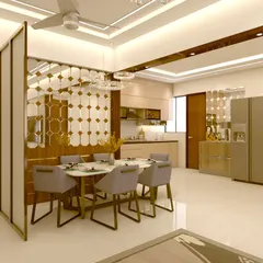 A 3D visualization of a dining area. The design includes a mirrored partition to create a sense of space, modern chairs, and elegant lighting, all planned to create a cohesive and luxurious dining experience.