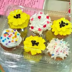 A box of my assorted homemade cupcakes from an exhibition. We will practice different piping styles to create floral designs and fun, colorful toppings on perfectly baked eggless cupcakes.