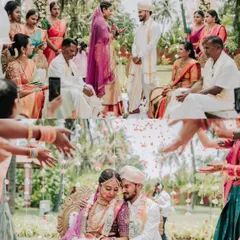 A collage capturing the beautiful moments of a 'Mantra Maangalya' wedding, a progressive ceremony envisioned by Kuvempu. We were honored to provide the decor for this meaningful union that transcends caste and religion.
