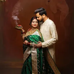 A beautiful couple's portrait capturing a moment of blessing and anticipation. The rich green saree and traditional attire are highlighted against our painterly studio backdrop.