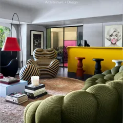 This is Project 86, a bachelor pad where we went all out. We mixed iconic pieces like the Roche Bobois Bubble couch with a bold yellow bar and pop art. This is how we create a living room that’s not just for living, but for making a statement.