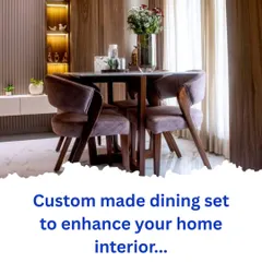 A custom-made four-seater dining set designed to enhance the home's interior. The dark wood table and chairs with unique curved backrests create an elegant and cohesive look.