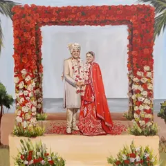 This live wedding painting from a beautiful beach ceremony in Goa was an incredible experience. I focused on capturing the vibrant floral arch and the happy couple against the serene backdrop of the sea.