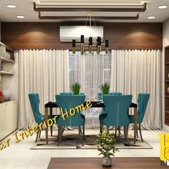 An elegant dining space designed for a family in Mumbai. It features plush teal dining chairs, a dark wood table, and a custom crockery unit with a mix of open and closed storage, all set against a backdrop of sheer curtains.