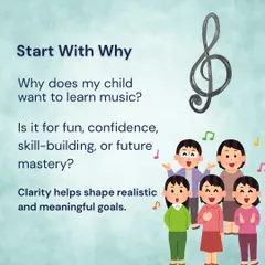 Before starting lessons, it's helpful to ask 'why'. Understanding if the goal is for fun, confidence, or skill-building helps us shape a meaningful and realistic path for your child's musical education.