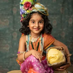 Let's bring imagination to life! This little one dressed as Krishna, complete with a pot of butter, shows how we can create playful and artistic themed portraits that are full of charm and personality.