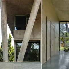 At J-House, angled concrete columns support the structure, creating a dynamic exterior and allowing for open, light-filled living spaces within that connect seamlessly to the outdoors.