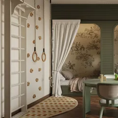 This whimsical kids' room concept features a cozy bed nook with a curtain for privacy and a custom toile wallpaper. The room is also a mini-gym, with a climbing wall, Swedish ladder, and gymnastic rings to encourage active play.