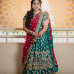 A full view of a gorgeous reception lehenga. I styled her with soft waves in her hair and makeup that enhances her features, ensuring she looks and feels her best for the party.