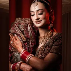 A serene and beautiful portrait of the bride holding her groom's turban. This emotional shot captures her love and anticipation.