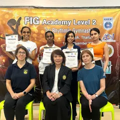 Continuous learning is key. Here I am with fellow coaches after completing the FIG Level 2 Academy Program in Bangkok, where we shared knowledge and passion for gymnastics with participants from seven countries.