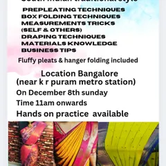 Details for a professional workshop in Bangalore, covering pre-pleating, box folding, measurements, and business tips with hands-on practice.