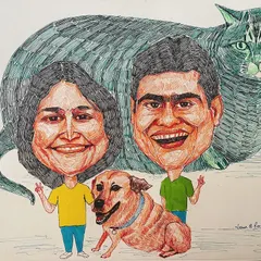 This family caricature was a special request, created for my sister and brother-in-law whom I met after 12 years. It includes their beloved pets, a cat named Little Bit and a dog named Peanut, showing that our furry friends are family too.