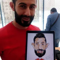 A live digital caricature created at a corporate event. The artwork is drawn on a tablet and can be displayed on screens or shared immediately with the recipient.