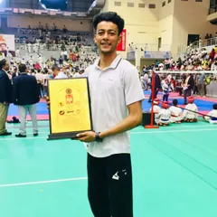 Rajat Kashyap receiving an Award of Honour for his excellence in karate at the Sansad Khel Spardha in Noida.