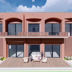 Another angle of the farmhouse design, showcasing the two-story brick structure with a second-floor balcony. The use of traditional brick jaali work on the railing adds a decorative, contextual element.