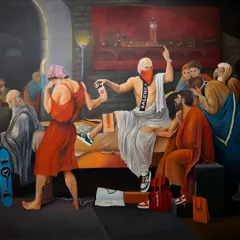 This is my 'Death of Socrates (hypebeast edition)'. It's a massive 5x6ft oil painting where I reimagined a classical scene with modern street style. It was a commission for a private client and one of my favorite projects.