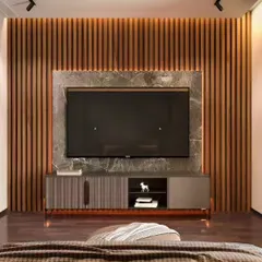 This entertainment unit features a dramatic wall of dark wood fluting. The television is mounted on a central marble panel, creating a sophisticated focal point in this modern bedroom or living area.