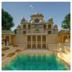 A frontal view of the proposed Dhun Imagination Center and its stepwell. The design creates a powerful dialogue between the solid, historic edifice and the void of the communal water body.