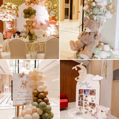 This collage showcases the different decor elements from the teddy-themed Mundan ceremony. It includes the welcome sign, a photo journey board, and adorable teddy bear centerpieces.