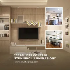 I provide seamless control and stunning illumination for every part of your home. This image shows an integrated living room TV setup, along with examples of how I apply the same principles to create smart, functional kitchens.