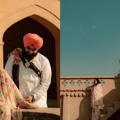 A diptych showing both a close, intimate moment and a wider architectural shot, capturing the feel of a traditional Punjabi haveli.