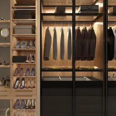 A 3D concept for a men's walk-in closet, featuring a mix of open shelving for shoes, hanging space with glass doors, and wooden drawers for accessories.
