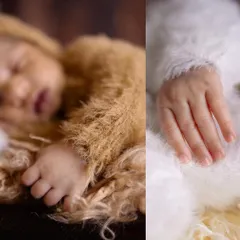 A detailed collage focusing on the tiny hands of two sleeping newborns. This artistic shot emphasizes the delicate and precious nature of a baby in their first few days.